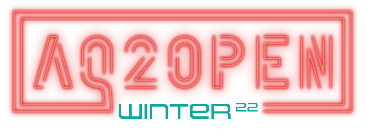 Neon wordmark reading AQ2Open Winter 22